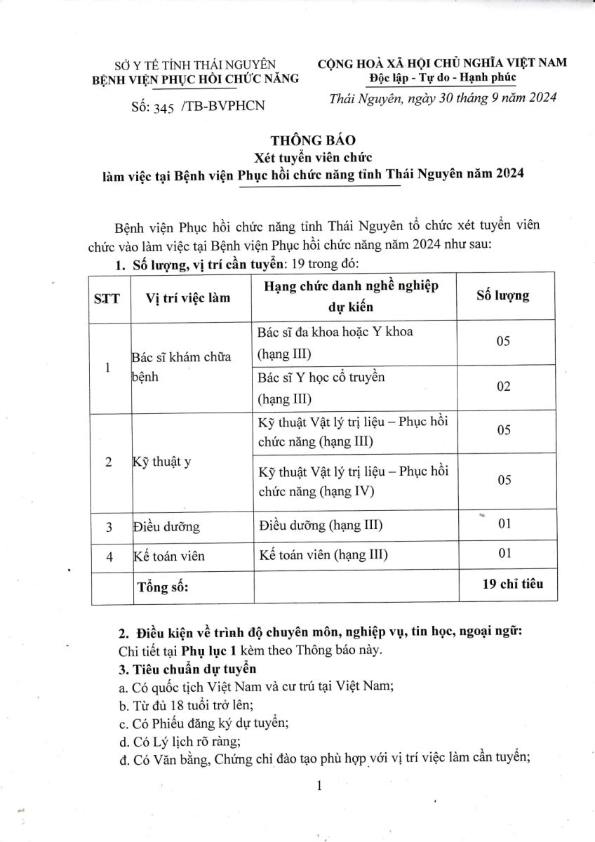 Thông báo Xét tuyển viên chức làm việc tại Bệnh viện Phục hồi chức năng Thái Nguyên