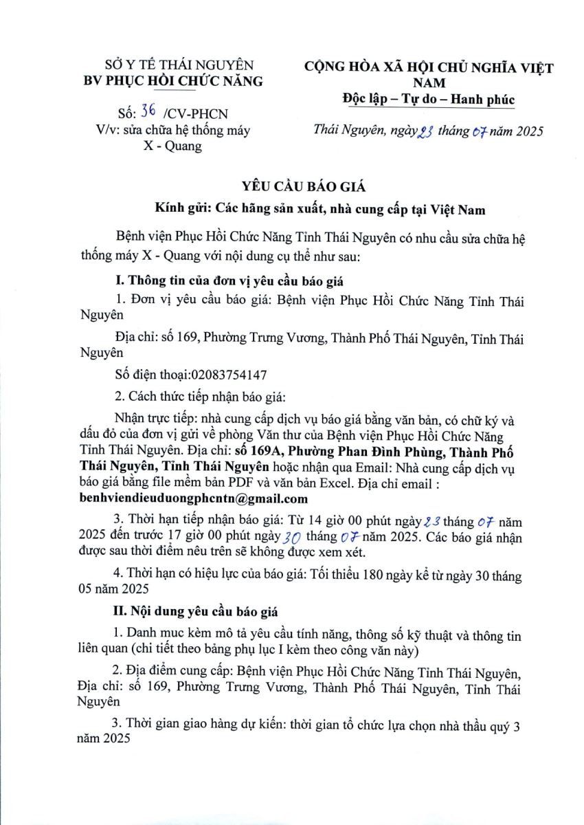 Mời báo giá sửa chữa hệ thống máy Xquang tại Bệnh viện Phục hồi chức năng tỉnh Thái Nguyên