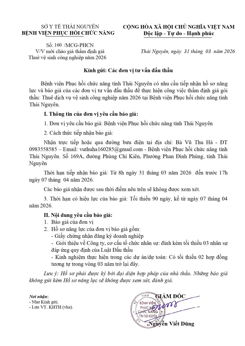 Thông báo mời chào giá thẩm định giá Thuê vệ sinh công nghiệp năm 2026