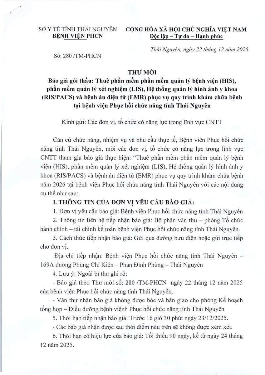 Thông báo mời báo giá gói thầu thuê phần mềm HIS, LIS, RIS/PACS VÀ EMR tại Bệnh viện Phục hồi chức năng tỉnh Thái Nguyên