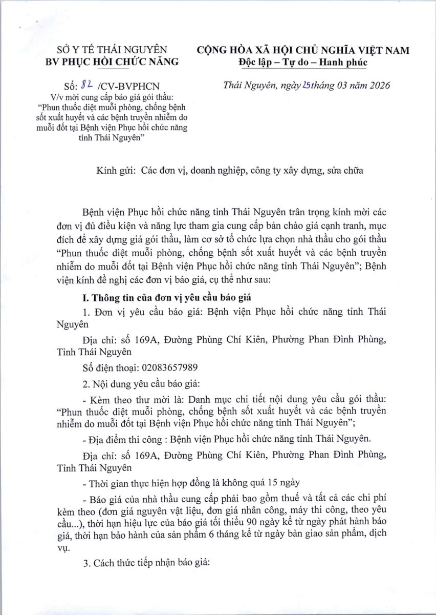 Mời cung cấp báo giá gói thầu: Phun thuốc diệt muỗi phòng, chống bệnh sốt xuất huyết và các bệnh truyền nhiễm do muỗi đốt tại bệnh viện Phục hồi chức năng tỉnh Thái Nguyên