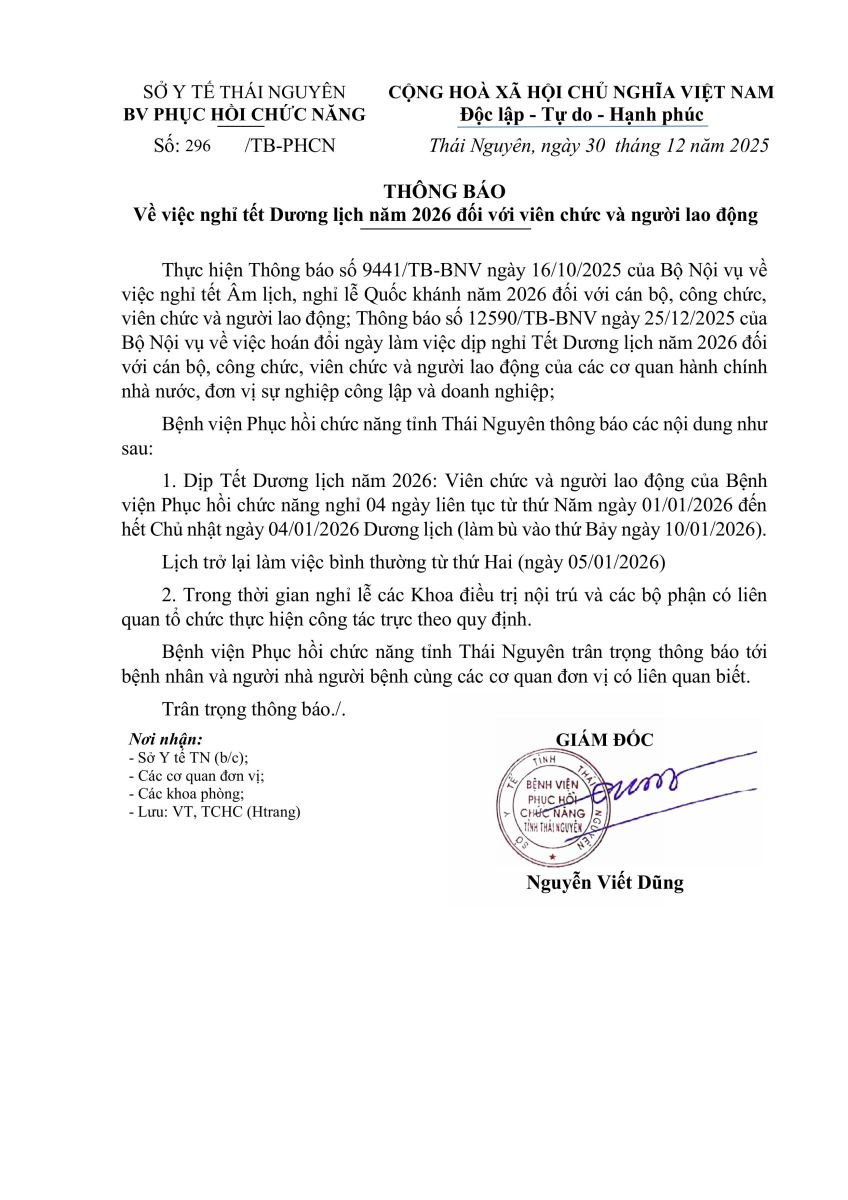 Thông báo nghỉ Tết Dương lịch 2026