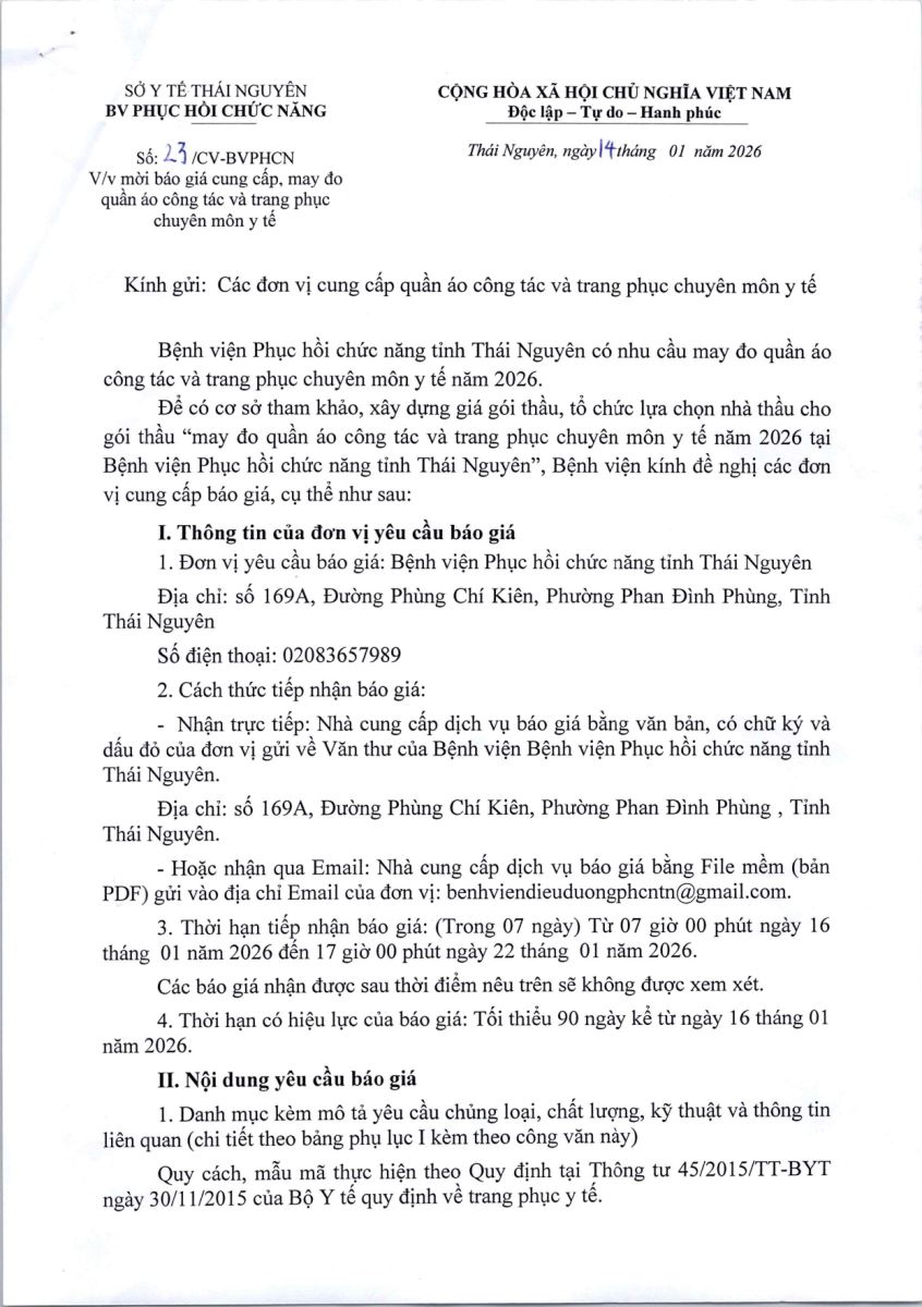 Thông báo mời báo giá cung cấp,may đo quần áo công tác và trang phục chuyên môn y tế